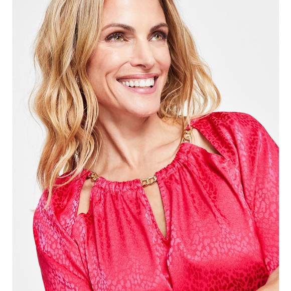 INC hot pink Long-Sleeve Chain-Hardware Jacquard Blouse size XL - Picture 3 of 10